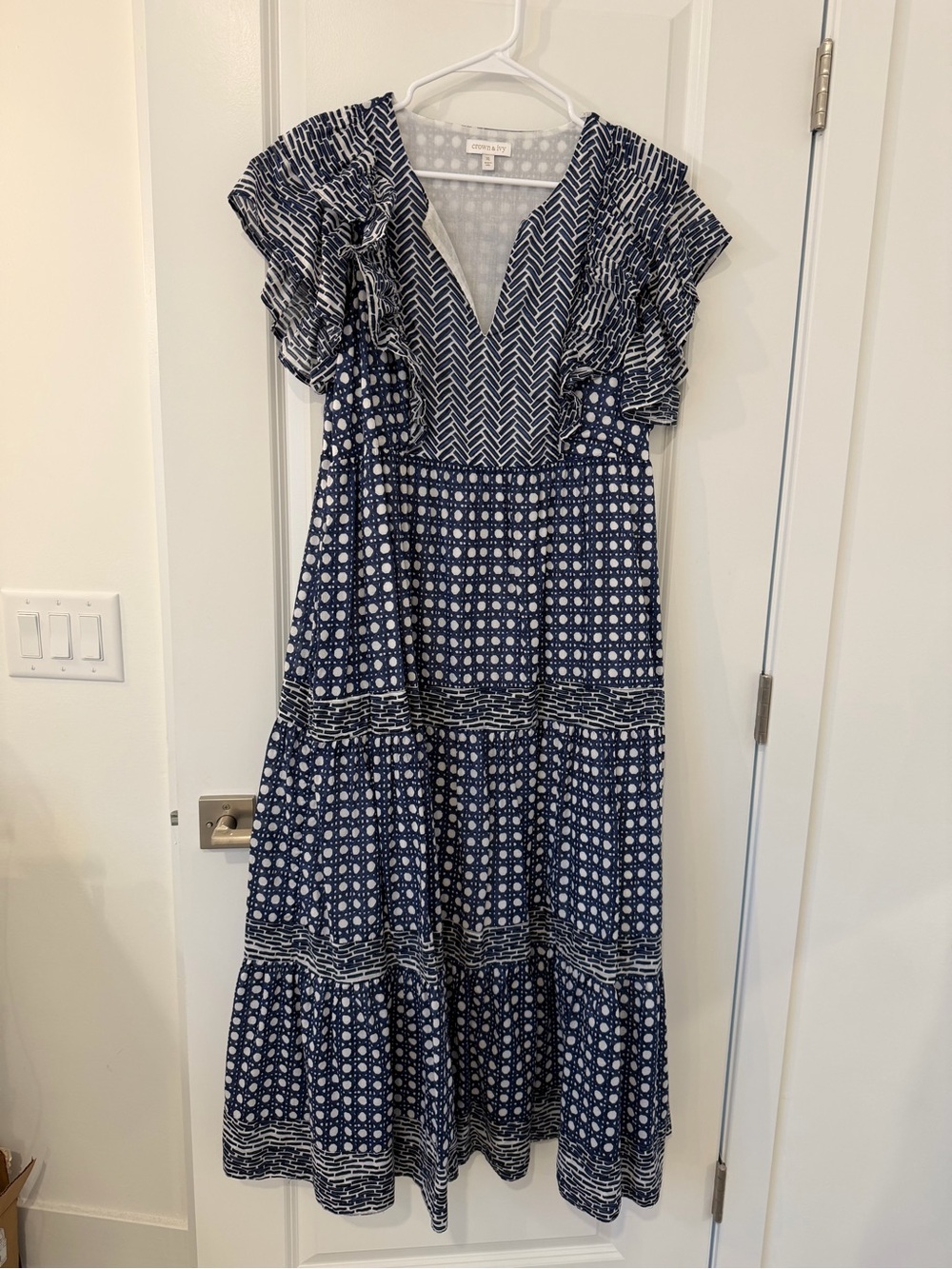 crown & ivy Navy Printed Flutter Sleeve Maxi Dress - Size XL